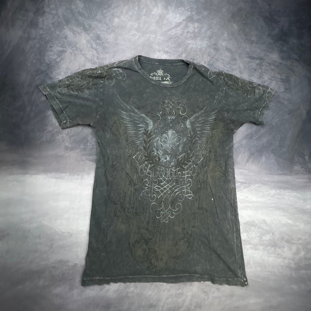Helix Mens Y2K Graphic T Shirt Gray Faded Fleur De Lis Wing Studded Medium - Picture 2 of 8